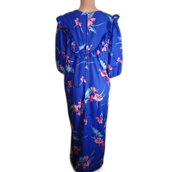 Vintage Island Fashions Made In Honolulu Hawaii Floral Blue Maxi Dress Size 18 - Picture 3 of 3